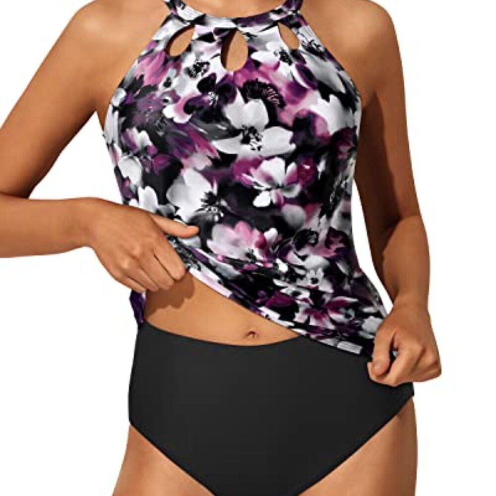 SEXY YONIQUE HIGH NECK KEYHOLE FLORAL TANKINI SUIT SMALL